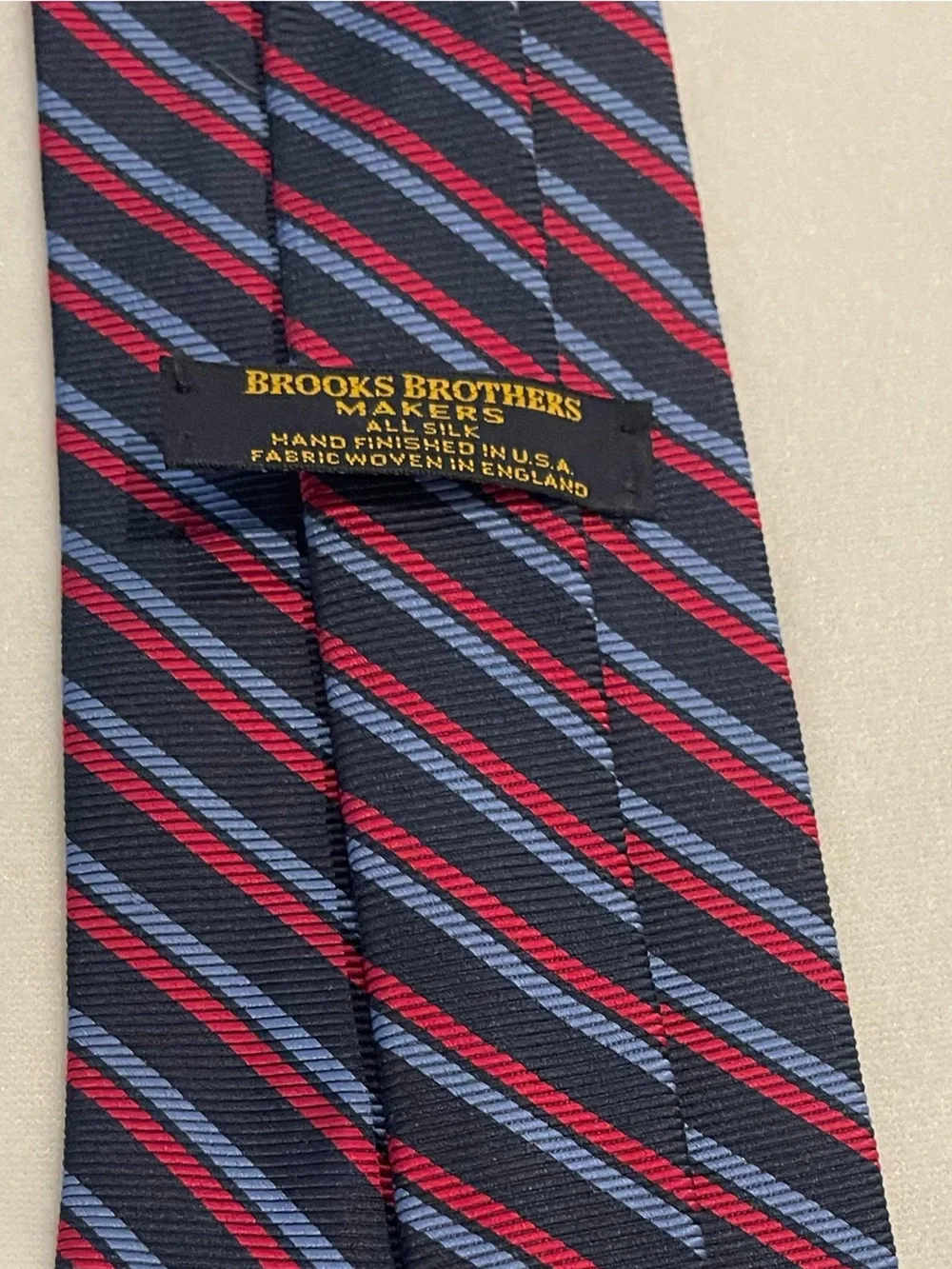 Brooks Brothers Navy Tie with Red and Light Blue Diagonal Stripes